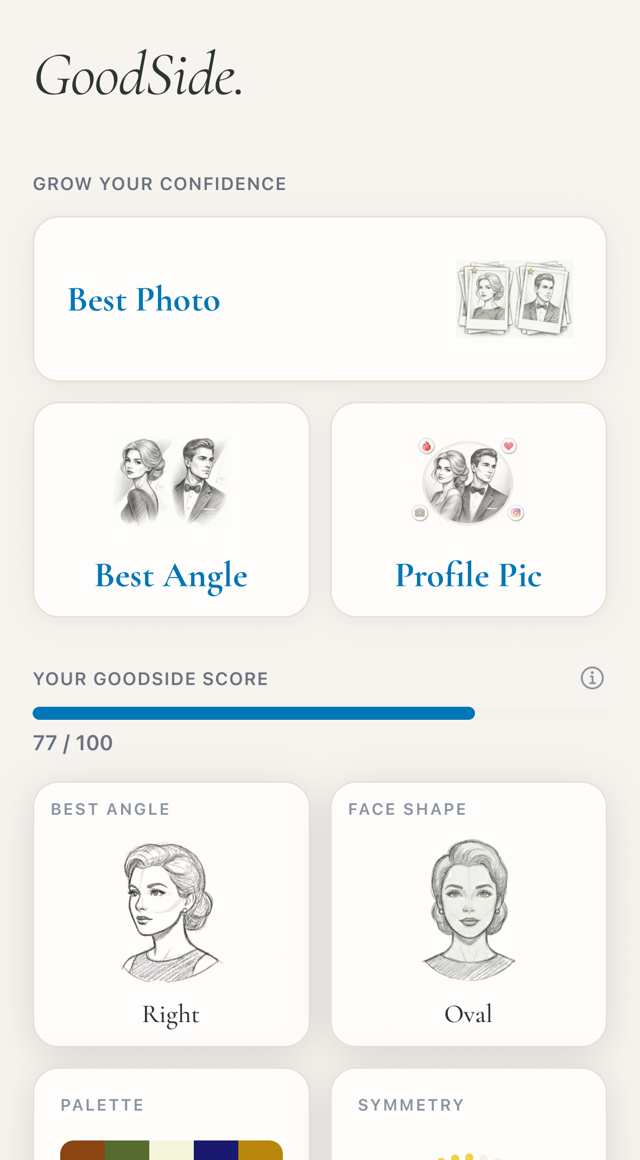 GoodSide app home screen showing a photogenic score of 77 and Aesthetic ID results