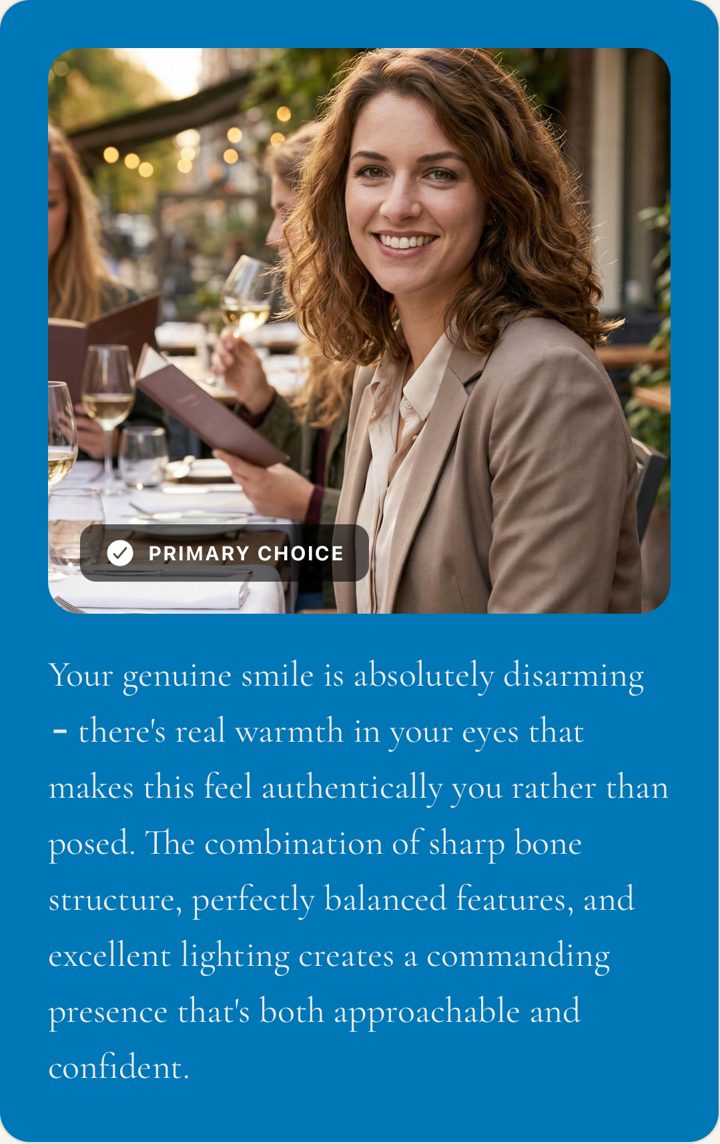 GoodSide's Best Photo result: a photo marked Primary Choice with a personalized explanation of why it works